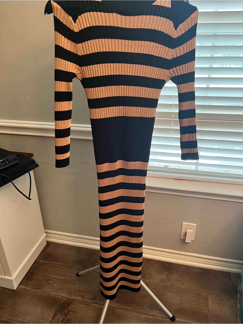 New York & Company Black and Tan Striped Ribbed Midi Dress